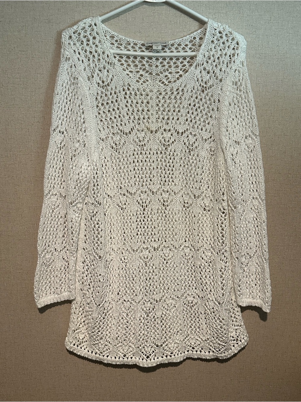 Coldwater Creek 1X Cream Open Knit Scoop Neck Boho Festival Crochet Tunic
